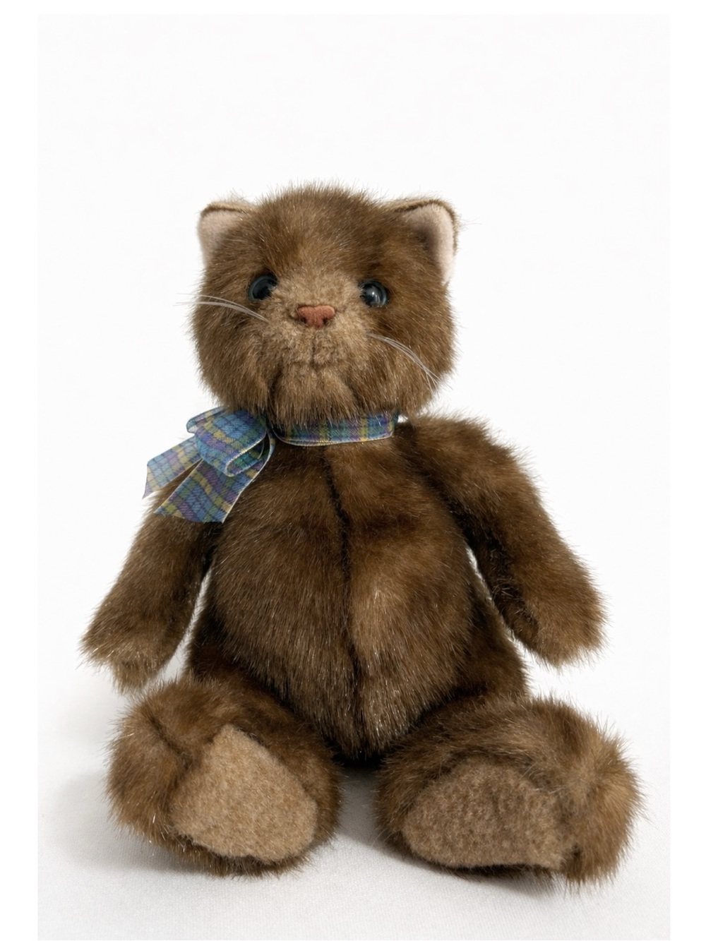 Vintage GUND Zoe Plush Sitting Cat: Brown Tabby Kitten with Plaid Blue Bow